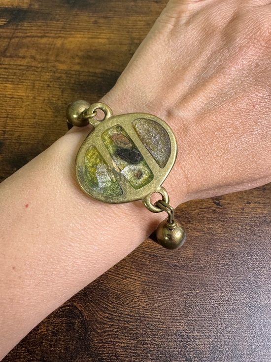 Hand Crafted Jewelry - Hand Crafted Brass Bracelet with Green and Gold Inlay - Modernist